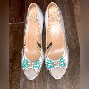 Hollywould/Kenneth Jay Lane Silver Peep Tow Heels w/ Pearl/Turquoise/Crystal gem